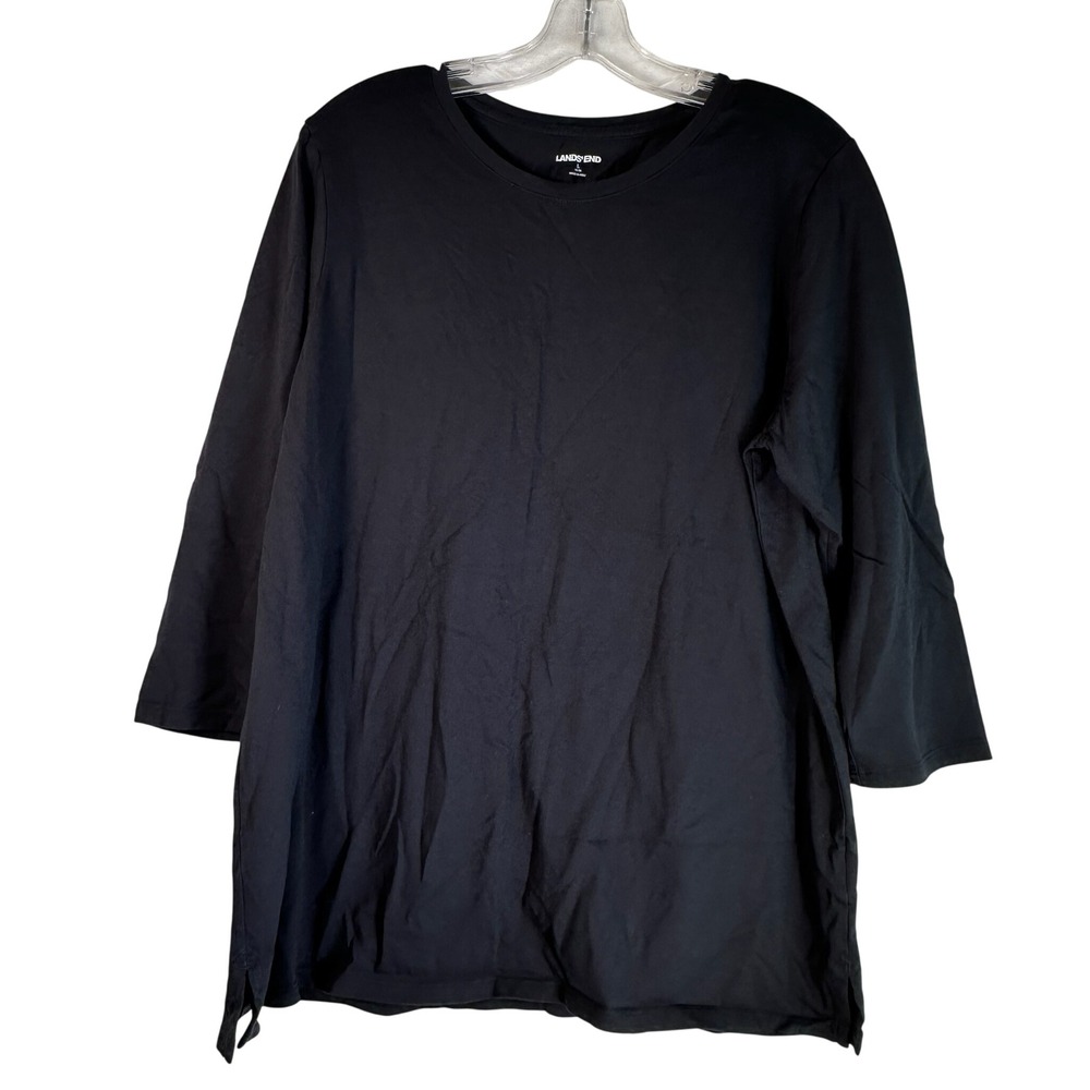 Lands End Black 100% Supima Cotton 3/4 Sleeve Crew Neck Top Size L 14-16